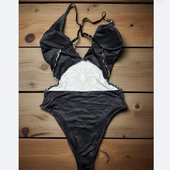 Black Baroque Print Cutout Bodysuit One Piece Swimsuit - Picture 2 of 7